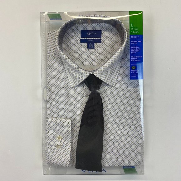 Apt. 9 Slim-Fit Spread-Collar Dress Shirt & Tie Set - 4 Dot Print - L 34/35 - Picture 1 of 4